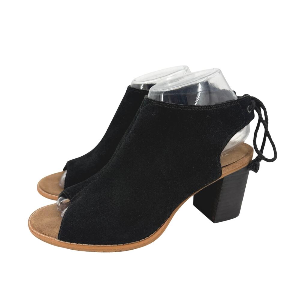 TOMS Ellia Black Suede Peep Toe Block Heel Back Tie Sandals Womens 7.5